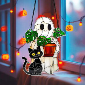 Cute Ghost Plant And Cat ACRYLIC Suncatcher,Ghost Monstra Window Hanging,Hangings Plant Lover Gift,Black Cat Lover,Mom Gift,Halloween Decor