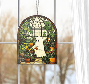 Cute Ghost Greenhouse Suncatcher Ornament, Halloween Ghost Acrylic Window Hangings, Plant Lovers Gift, Halloween Home Decor, Gift For Mom