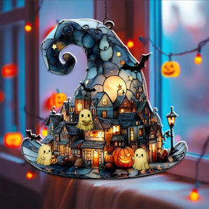 Witch Hat Village Acrylic Suncatcher, Halloween Town Faux Stained Glass Window Hanging,Spooky Home Decor For Halloween,Cute Ghost Suncatcher