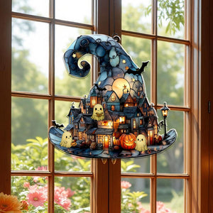 Witch Hat Village Acrylic Suncatcher, Halloween Town Faux Stained Glass Window Hanging,Spooky Home Decor For Halloween,Cute Ghost Suncatcher