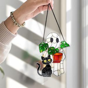 Cute Ghost Plant And Cat ACRYLIC Suncatcher,Ghost Monstra Window Hanging,Hangings Plant Lover Gift,Black Cat Lover,Mom Gift,Halloween Decor