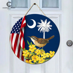 South Carolina State Front Door Hanger - Carolina Wren With Yellow Jessamine Wooden Door Sign