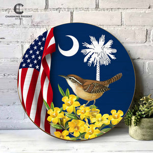 South Carolina State Front Door Hanger - Carolina Wren With Yellow Jessamine Wooden Door Sign