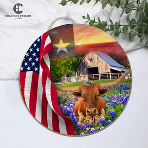 Texas Longhorn Cow Bluebonnet Front Door Hanger - Texas State With Longhorn Cow Wooden Door Sign
