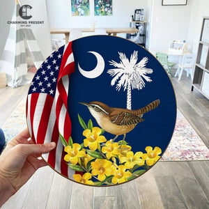 South Carolina State Front Door Hanger - Carolina Wren With Yellow Jessamine Wooden Door Sign