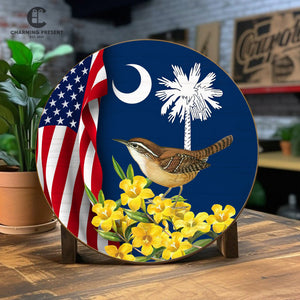 South Carolina State Front Door Hanger - Carolina Wren With Yellow Jessamine Wooden Door Sign