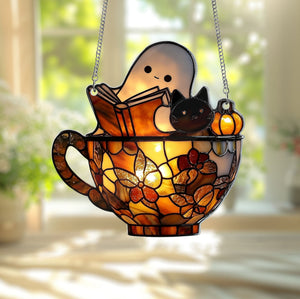 Cute Ghost Reading Book and Black Cat in Teacup Acrylic Suncatcher, Ghost Acrylic Window Hanging, Spooky Bookish Halloween Bathroom Decor