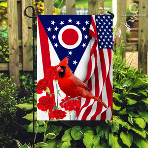 Ohio State Flag Cardinal With Scarlet Carnation Flower - American Ohio State Decoration