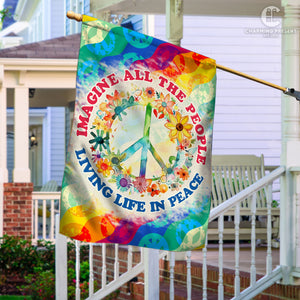 Imagine All The People Living Life In Peace Flag - Peace Sign Hippie Flag 2