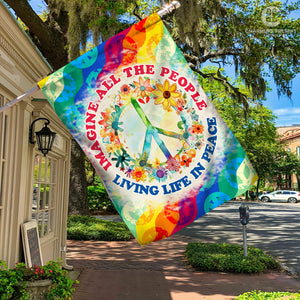 Imagine All The People Living Life In Peace Flag - Peace Sign Hippie Flag 2