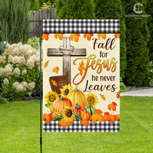 Fall For Jesus He Never Leaves Flag - Fall Autumn Welcome Gift For Thanksgiving Day