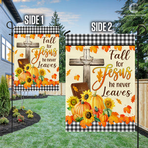 Fall For Jesus He Never Leaves Flag - Fall Autumn Welcome Gift For Thanksgiving Day