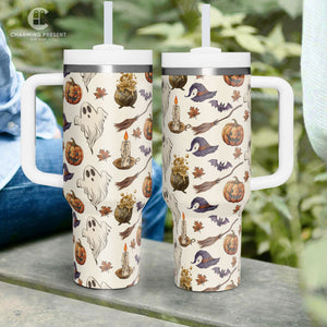 Vintage Halloween Pattern Tumbler 40oz With Handle And Straw - Halloween Gift