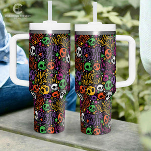 Tiny Cute Sugar Skull Tumbler 40oz With Handle And Straw - Halloween Gift