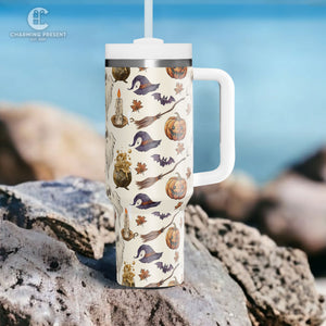 Vintage Halloween Pattern Tumbler 40oz With Handle And Straw - Halloween Gift