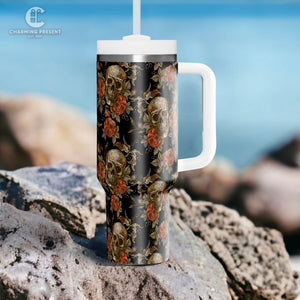 Vintage Skull and Rose Tumbler 40oz With Handle And Straw - Halloween Gift