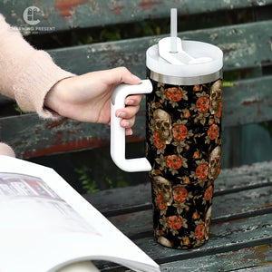 Vintage Skull and Rose Tumbler 40oz With Handle And Straw - Halloween Gift