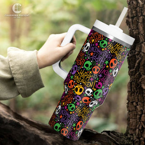 Tiny Cute Sugar Skull Tumbler 40oz With Handle And Straw - Halloween Gift