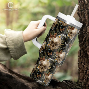Vintage Skull With Flower Tumbler 40oz With Handle And Straw - Halloween Gift