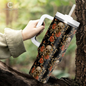 Vintage Skull and Rose Tumbler 40oz With Handle And Straw - Halloween Gift