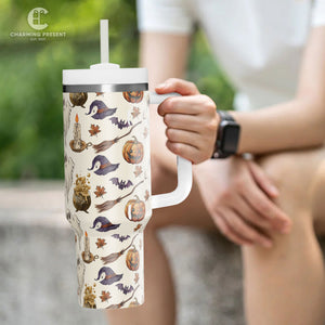 Vintage Halloween Pattern Tumbler 40oz With Handle And Straw - Halloween Gift