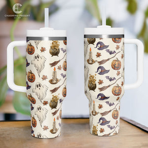 Vintage Halloween Pattern Tumbler 40oz With Handle And Straw - Halloween Gift