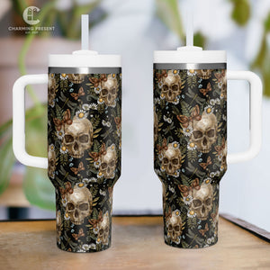 Vintage Skull With Flower Tumbler 40oz With Handle And Straw - Halloween Gift