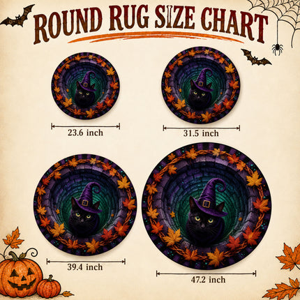 Halloween Round Rug Black Cat Witch 3D Illusion Doormat