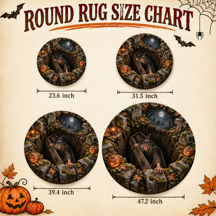 Halloween Witch Coffin Graveyard Round Rug Spooky Pumpkin Doormat