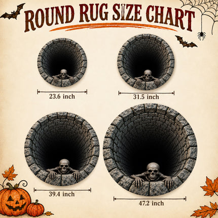 Halloween Round Rug Skeleton Stone Well 3D Illusion Doormat