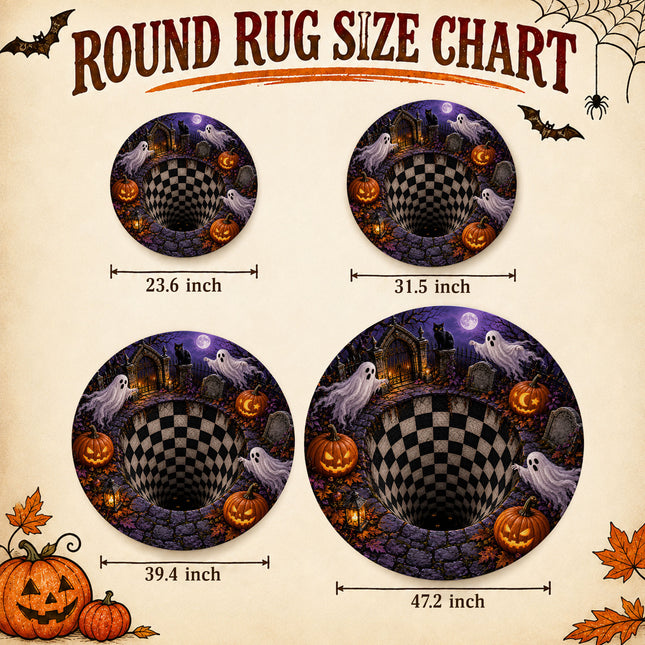 Halloween Round Rug Ghost Pumpkin Graveyard Illusion Doormat