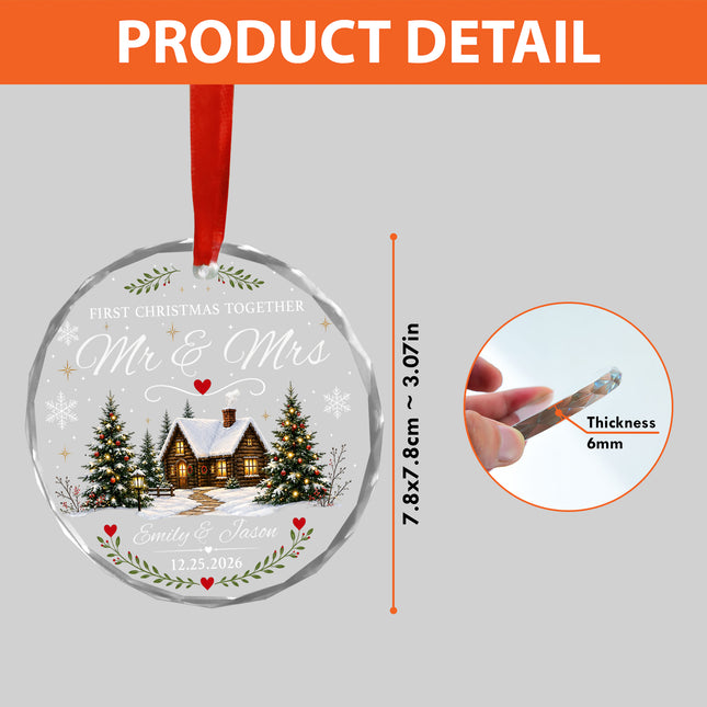 Personalized First Christmas Together Snowy Cabin Couple Glass Ornament