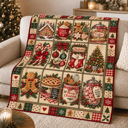 Christmas Gingerbread Patchwork Fleece Blanket Cozy Cocoa and Cookies