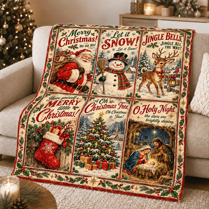 Christmas Nativity Fleece Blanket Vintage Santa Snowman Holiday Scenes