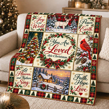 Christian Christmas Fleece Blanket You Are Loved Holiday Patchwork