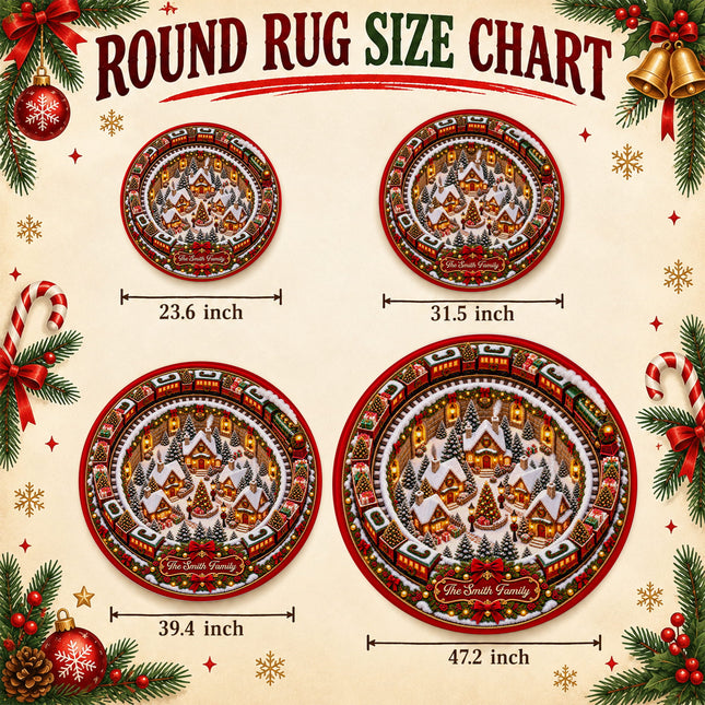 Personalized Christmas Doormat Train Village Family Name Round Rug