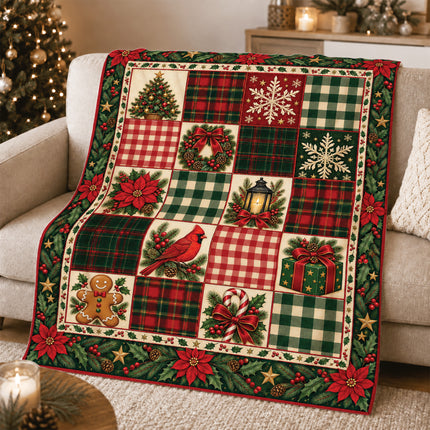 Christmas Patchwork Fleece Blanket Vintage Plaid Cardinal Poinsettia
