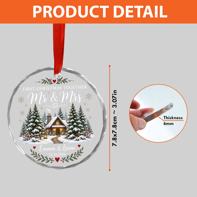 Personalized First Christmas Together Snowy Cabin Couple Glass Ornament