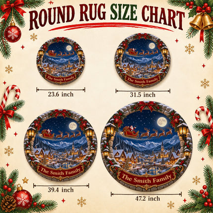 Personalized Santa Sleigh Christmas Round Doormat Snowy Village Family Name Rug