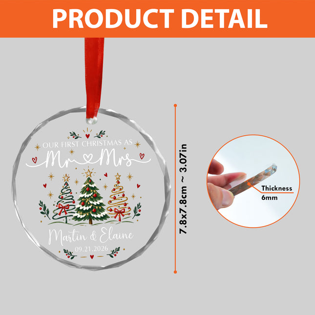 Personalized First Christmas Couple Glass Ornament with Christmas Trees and Hearts