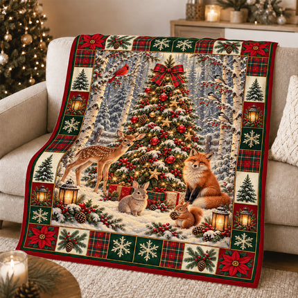 Woodland Christmas Fleece Blanket Forest Animals Deer Fox Rabbit Snowy Tree Holiday Throw