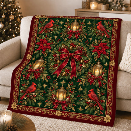 Christmas Fleece Blanket with Cardinal Lantern Wreath