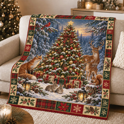 Woodland Christmas Fleece Blanket Winter Forest Wildlife