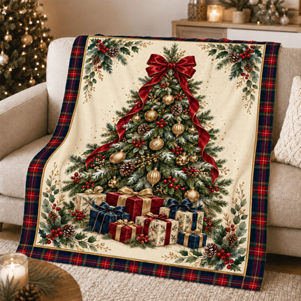 Christmas Fleece Blanket with Elegant Tartan Tree