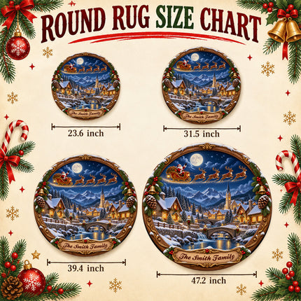 Personalized Christmas Village Round Doormat Santa Sleigh Moonlit Family Name Rug