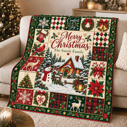 Personalized Family Christmas Fleece Blanket Snowman Winter Cottage