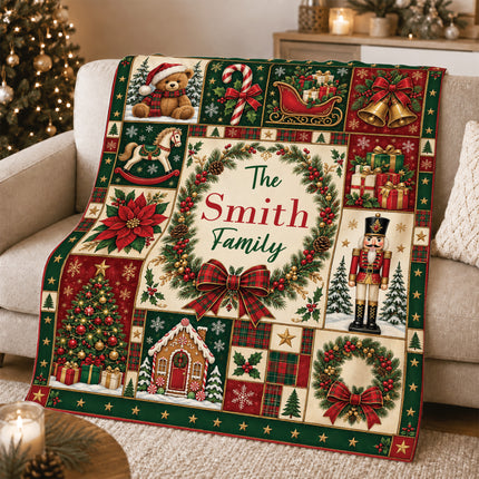 Personalized Family Christmas Fleece Blanket Custom Last Name Holiday Patchwork