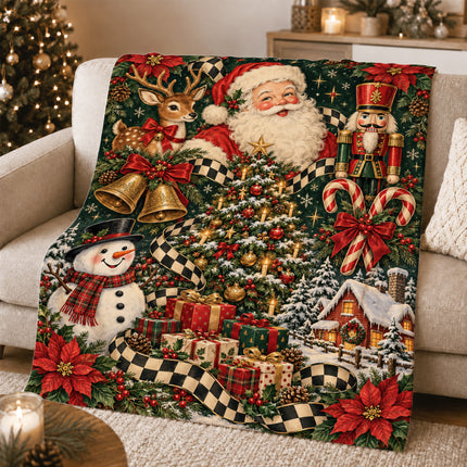 Vintage Santa Christmas Fleece Blanket Nutcracker Reindeer Snowman