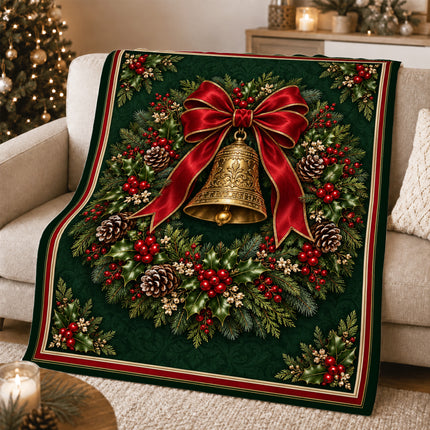 Christmas Fleece Blanket with Vintage Bell Wreath