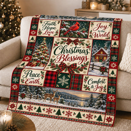 Christmas Blessings Fleece Blanket Faith Hope Love Holiday Patchwork
